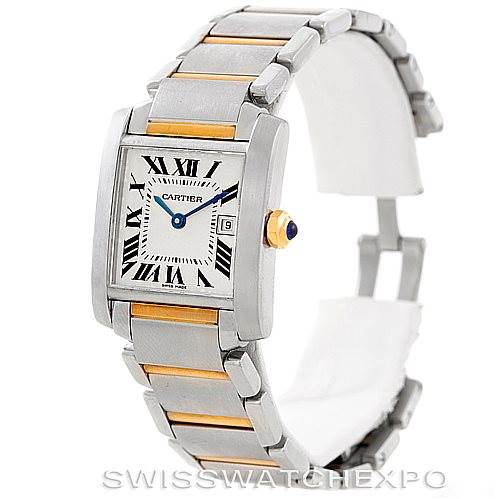 The image shows a Cartier Tank Francaise W51012Q4 Women's Steel and Gold (two tone) Silver Dial W51012Q4 Women's Steel and Gold (two tone) Silver Dial watch angled to highlight its face, bracelet, and side detailing.