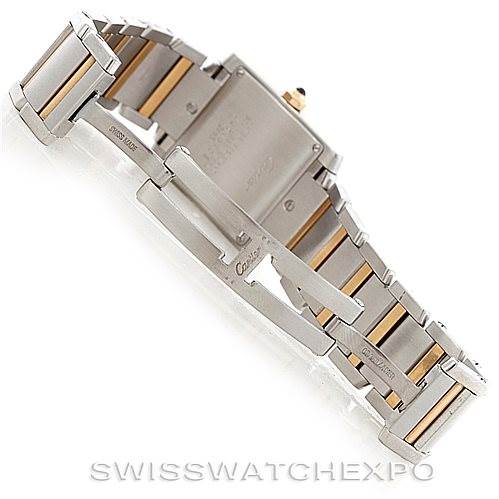 This image shows the back and strap of a Cartier Tank Francaise W51012Q4 Women's Steel and Gold (two tone) Silver Dial W51012Q4 Women's Steel and Gold (two tone) Silver Dial watch, emphasizing its two-tone metal bracelet and deployment clasp.