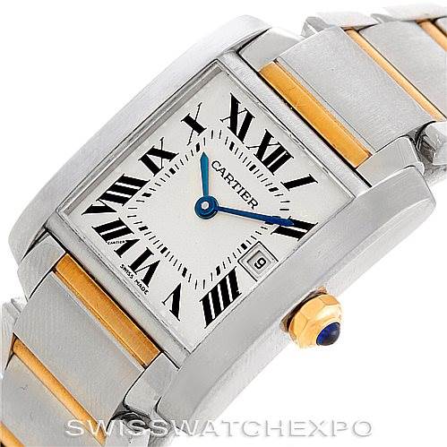 This image shows a close-up angled view of a Cartier Tank Francaise W51012Q4 Women's Steel and Gold (two tone) Silver Dial W51012Q4 Women's Steel and Gold (two tone) Silver Dial watch, highlighting its dial, bracelet, and crown.