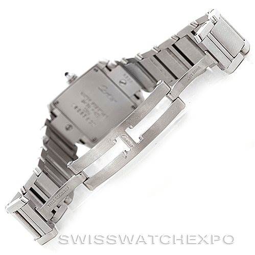 This image shows the back and clasp of the Cartier Tank Française watch, highlighting its stainless steel bracelet.