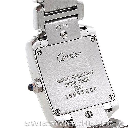 This is the back view of a Cartier Tank Francaise W51008Q3 Women's Stainless Steel Silver Dial W51008Q3 Women's Stainless Steel Silver Dial watch, showing the case back with engravings and part of the bracelet.
