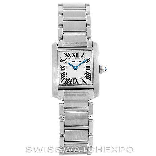 This Cartier Tank Francaise W51008Q3 Women's Stainless Steel Silver Dial W51008Q3 Women's Stainless Steel Silver Dial watch is shown from a top-down angle, displaying the face, bezel, and metal bracelet.