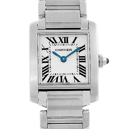 This image shows a front view of the Cartier Tank Francaise W51008Q3 Women's Stainless Steel Silver Dial W51008Q3 Women's Stainless Steel Silver Dial watch, featuring its rectangular face, Roman numerals, and metal bracelet.