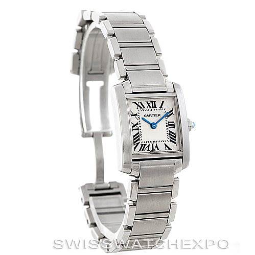 The Cartier Tank Francaise W51008Q3 Women's Stainless Steel Silver Dial W51008Q3 Women's Stainless Steel Silver Dial watch is depicted at a slight angle, showing the face, bracelet, and clasp.