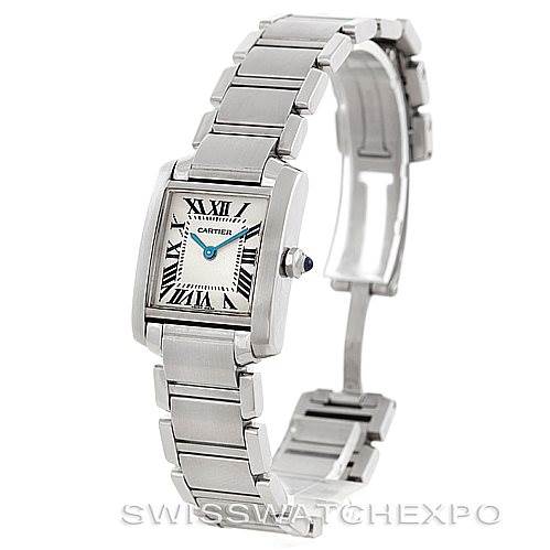 The image shows a side angle of a Cartier Tank Francaise W51008Q3 Women's Stainless Steel Silver Dial W51008Q3 Women's Stainless Steel Silver Dial model watch, highlighting its rectangular face, bracelet, and clasp.