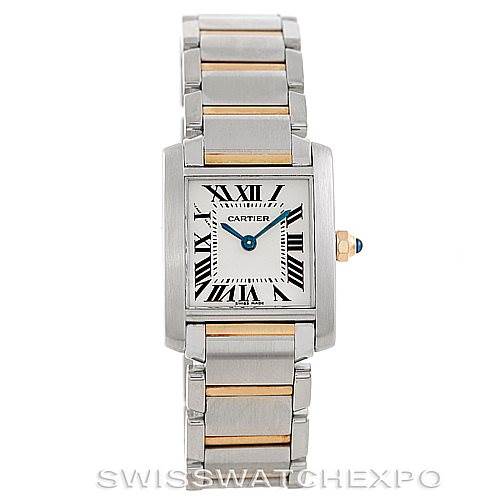 This image shows a Cartier Tank Française watch from a front-facing angle, highlighting its rectangular face and two-tone bracelet.