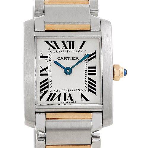 This image shows a close-up view of the Cartier Tank Française watch, highlighting its face, Roman numerals, and metal strap.