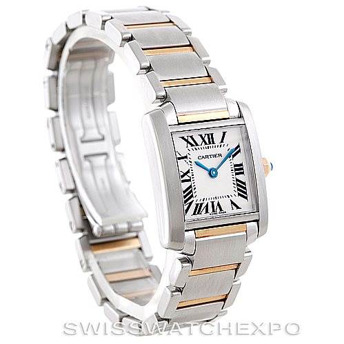 The image shows a Cartier Tank Francaise W51007Q4 Women's Steel and Gold (two tone) Silver Dial W51007Q4 Women's Steel and Gold (two tone) Silver Dial watch at an angle that highlights the face, bracelet, and side profile.