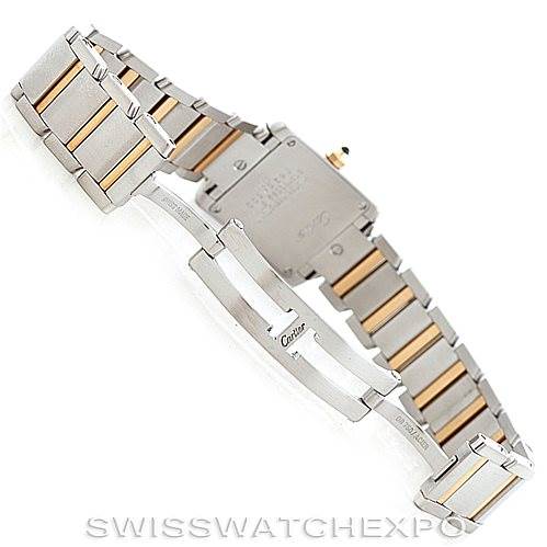 The image shows the back view and bracelet clasp of a Cartier Tank Française watch, highlighting its metal link design.