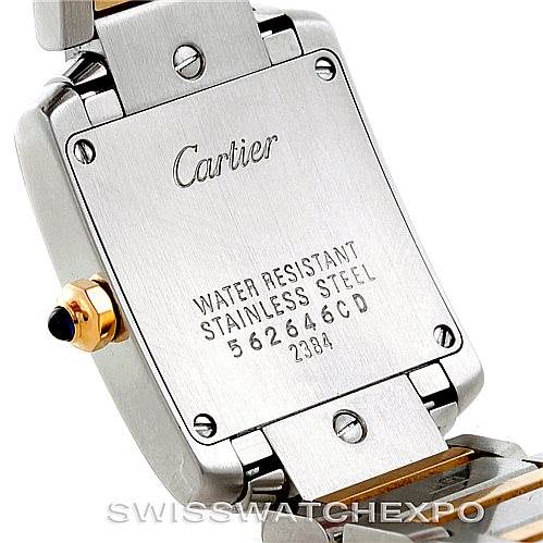 The image shows the back case of the Cartier Tank Francaise W51007Q4 Women's Steel and Gold (two tone) Silver Dial W51007Q4 Women's Steel and Gold (two tone) Silver Dial watch, including the brand engraving and water resistance details.