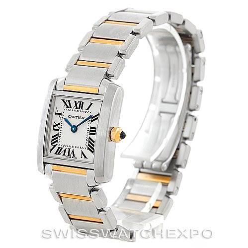 This image shows a Cartier Tank Française watch at a three-quarter angle, highlighting its rectangular face, two-tone metal bracelet, and Roman numeral dial.