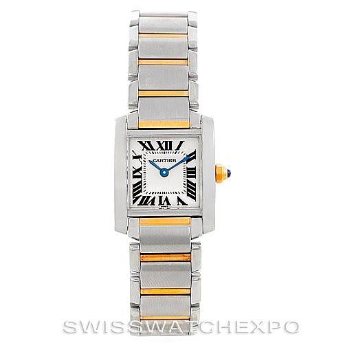 The image shows a front view of a Cartier Tank Française watch, highlighting the face and bracelet with two-tone metal links.