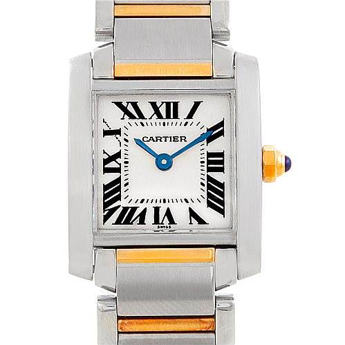The image shows a frontal view of the Cartier Tank Française watch, highlighting its face, bezel, case, and part of the bracelet.