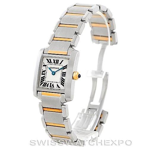 The image shows a Cartier Tank Francaise W51007Q4 Women's Steel and Gold (two tone) Silver Dial W51007Q4 Women's Steel and Gold (two tone) Silver Dial watch at an angled side view, highlighting its rectangular dial and two-tone metal strap.