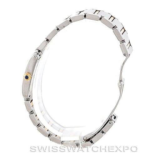 This image shows a side view of the Cartier Tank Francaise W51007Q4 Women's Steel and Gold (two tone) Silver Dial W51007Q4 Women's Steel and Gold (two tone) Silver Dial watch, focusing on the bracelet and crown.