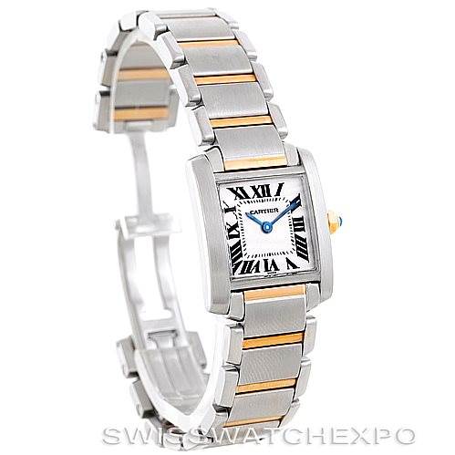 This is a side-angle view of the Cartier Tank Française watch showing its rectangular face, Roman numerals, and metal bracelet with gold accents.