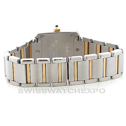 The image shows the Cartier Tank Francaise W51007Q4 Women's Steel and Gold (two tone) Silver Dial W51007Q4 Women's Steel and Gold (two tone) Silver Dial watch from the rear angle, highlighting the two-tone metal bracelet and case back.