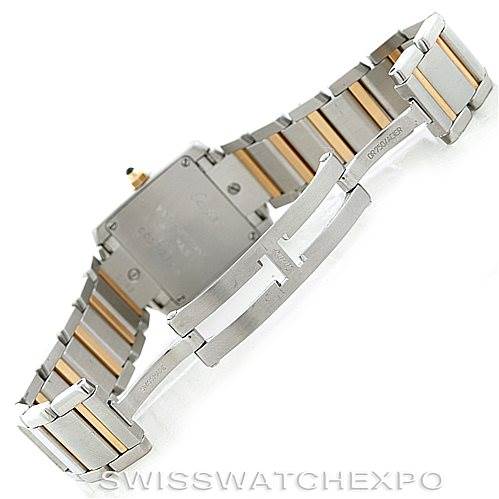 This image shows the back view of a Cartier Tank Française watch, highlighting the two-tone metal bracelet and clasp.