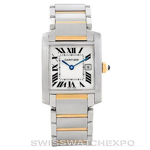 The image shows a front view of a Cartier Tank Française watch, highlighting the face, bracelet, and crown.