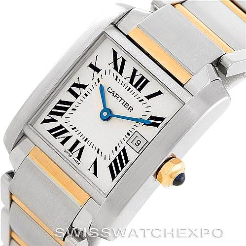 This image shows a Cartier Tank Française watch at a slight angle, displaying its face, bracelet, and crown.