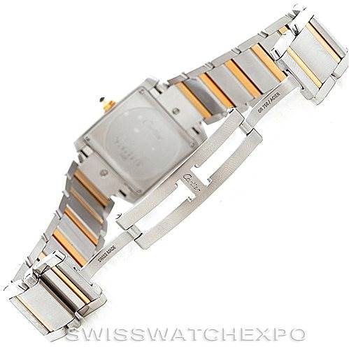This image shows the back and bracelet of a Cartier Tank Française watch, highlighting its metal links and clasp.