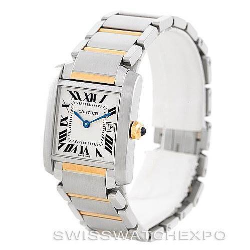 The image shows a Cartier Tank Française watch from an angled front view highlighting its square face, Roman numerals, and metal bracelet.