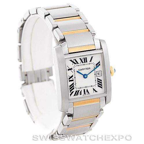 This image shows a Cartier Tank Francaise W51012Q4 Women's Steel and Gold (two tone) Silver Dial W51012Q4 Women's Steel and Gold (two tone) Silver Dial watch at a three-quarter angle, displaying the square face, bracelet, and Roman numeral dial.