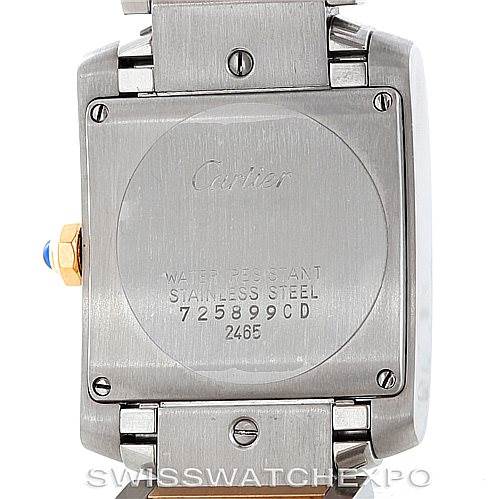 This image shows the back view of a Cartier Tank Française watch, including the stainless steel case back and parts of the bracelet.