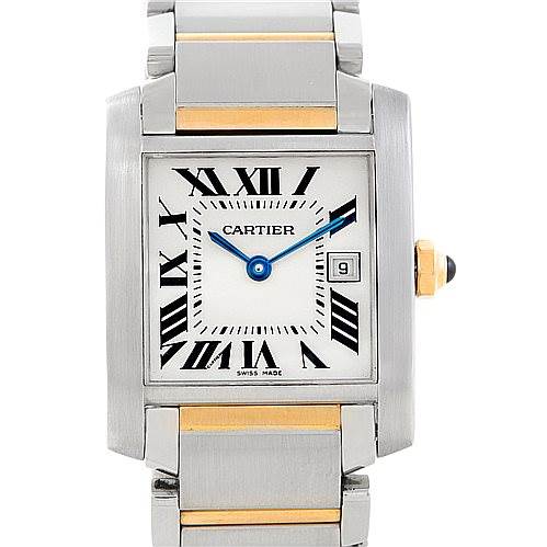 The image shows the front view of a Cartier Tank Francaise W51012Q4 Women's Steel and Gold (two tone) Silver Dial W51012Q4 Women's Steel and Gold (two tone) Silver Dial watch with a stainless steel and gold bracelet.