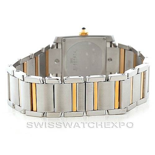 This image shows the back view of the bracelet and case of the Cartier Tank Française watch.