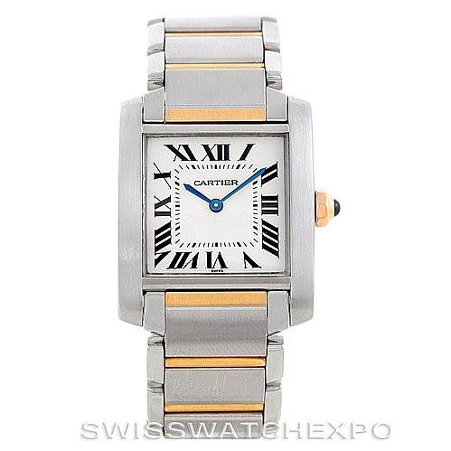 This image shows a front view of the Cartier Tank Française watch, highlighting its face, dial, hands, bracelet, and crown.
