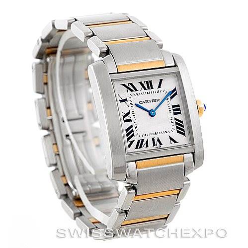 The image shows a Cartier Tank Francaise Women's Steel and Gold (two tone) Silver Dial Women's Steel and Gold (two tone) Silver Dial watch at an angled view, displaying its face, bracelet, and clasp.