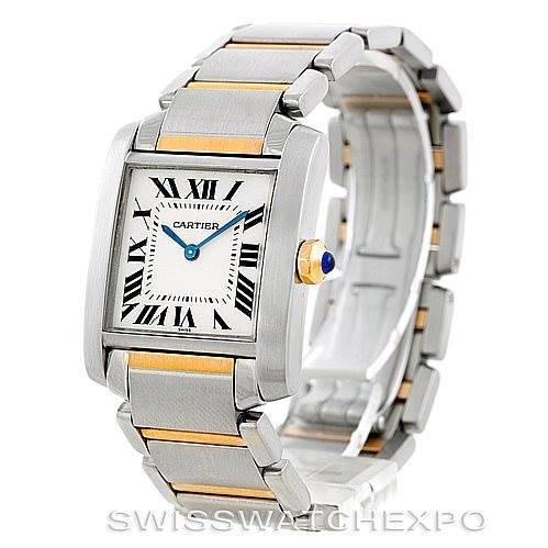 The image shows a Cartier Tank Francaise Women's Steel and Gold (two tone) Silver Dial Women's Steel and Gold (two tone) Silver Dial watch from a front-angle, displaying the face, bezel, and metal bracelet.