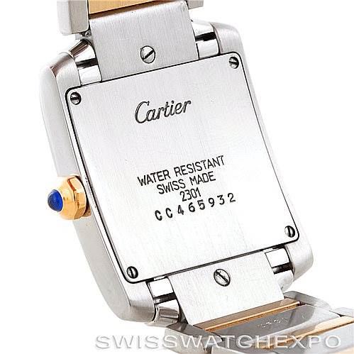 The image shows the back view of a Cartier Tank Francaise Women's Steel and Gold (two tone) Silver Dial Women's Steel and Gold (two tone) Silver Dial watch, highlighting its case back and the blue crown.