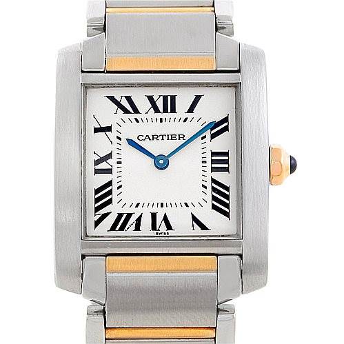 The image shows the face and part of the band of a Cartier Tank Francaise Women's Steel and Gold (two tone) Silver Dial Women's Steel and Gold (two tone) Silver Dial watch, featuring a silver and gold-toned design and Roman numeral markers.