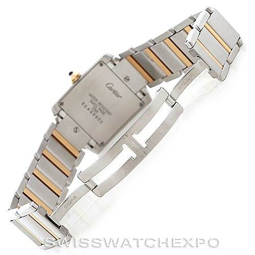 The image shows the back angle of a Cartier Tank Française watch, highlighting the bracelet and clasp.