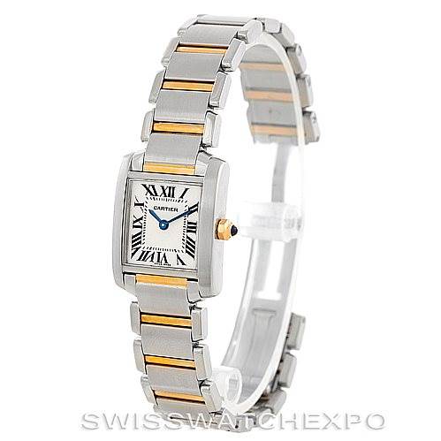 This image shows a Cartier Tank Française watch angled to display its face, stainless steel and gold bracelet, and crown.