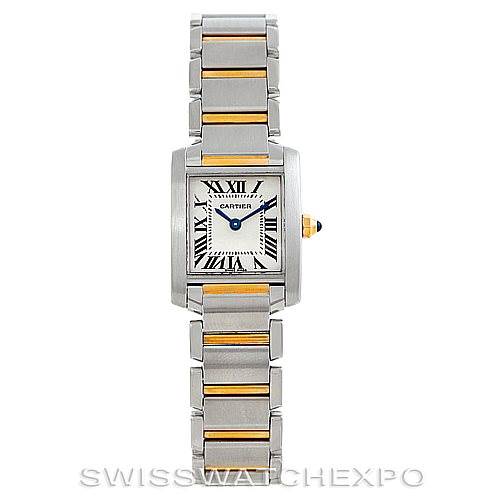 This Cartier Tank Francaise W51007Q4 Women's Steel and Gold (two tone) Silver Dial W51007Q4 Women's Steel and Gold (two tone) Silver Dial watch is displayed from the front, showing the face, dial, and full metal bracelet.