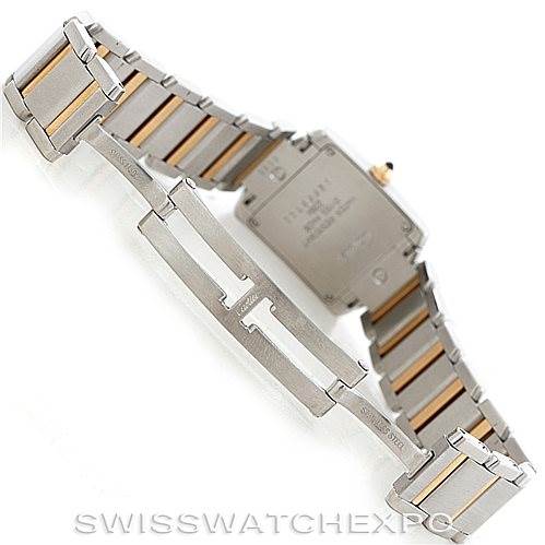 This image shows the back view of the bracelet and clasp of a Cartier Tank Francaise W51007Q4 Women's Steel and Gold (two tone) Silver Dial W51007Q4 Women's Steel and Gold (two tone) Silver Dial watch.