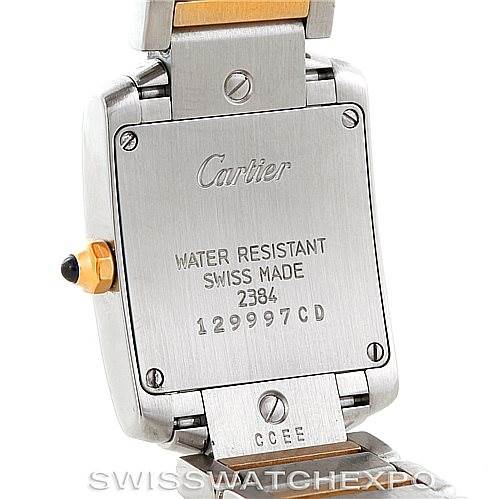The image shows the back case of a Cartier Tank Francaise W51007Q4 Women's Steel and Gold (two tone) Silver Dial W51007Q4 Women's Steel and Gold (two tone) Silver Dial watch, displaying water resistance, Swiss made inscription, and serial number.