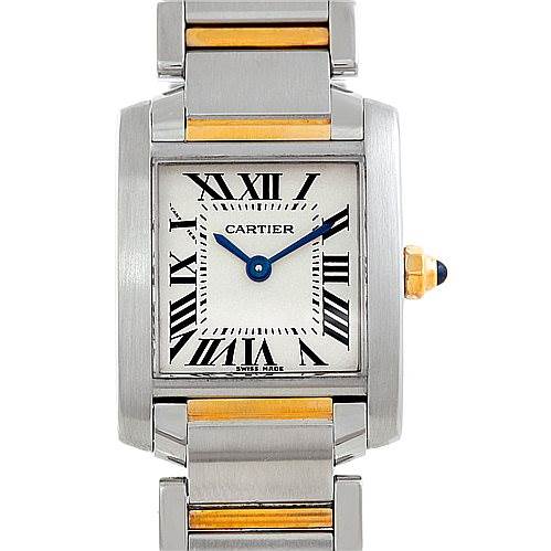 The image shows a front view of the Cartier Tank Francaise W51007Q4 Women's Steel and Gold (two tone) Silver Dial W51007Q4 Women's Steel and Gold (two tone) Silver Dial watch, highlighting its rectangular face, Roman numerals, and metal bracelet with gold accents.