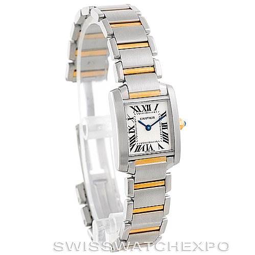 This image shows the Cartier Tank Francaise W51007Q4 Women's Steel and Gold (two tone) Silver Dial W51007Q4 Women's Steel and Gold (two tone) Silver Dial watch at a slight side angle, highlighting the face, bracelet, and crown.