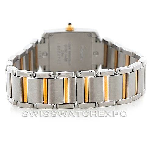 This image shows the back view of a Cartier Tank Francaise W51007Q4 Women's Steel and Gold (two tone) Silver Dial W51007Q4 Women's Steel and Gold (two tone) Silver Dial watch, highlighting its stainless steel and gold bracelet.
