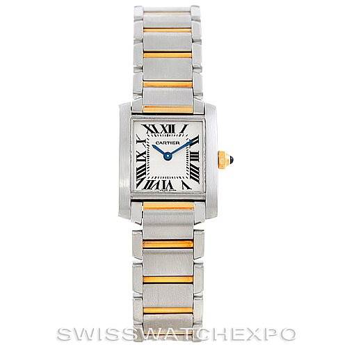 The image shows a front view of the Cartier Tank Française watch, displaying its face, bracelet, and crown detail.