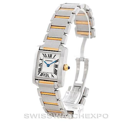 The image shows a side and front view of a Cartier Tank Française watch, highlighting the face, bracelet, and crown with a blue cabochon.