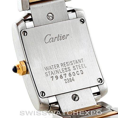 The image shows the back casing of a Cartier Tank Francaise W51007Q4 Women's Steel and Gold (two tone) Silver Dial W51007Q4 Women's Steel and Gold (two tone) Silver Dial watch, highlighting its water resistance and stainless steel material.