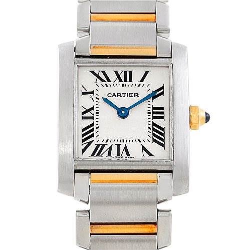 The Cartier Tank Francaise W51007Q4 Women's Steel and Gold (two tone) Silver Dial W51007Q4 Women's Steel and Gold (two tone) Silver Dial watch is shown with a frontal angle, displaying its square dial, roman numerals, and metal bracelet with gold accents.