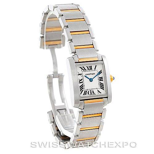 The Cartier Tank Française watch is shown at an angled side view displaying its face and bracelet.