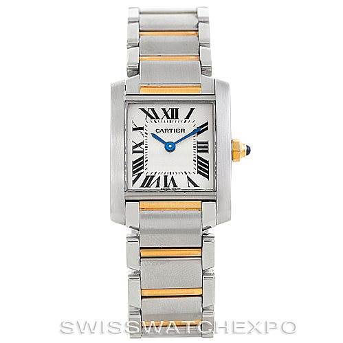 The image shows a front view of a Tank Francaise watch by Cartier, highlighting the face, bracelet, and crown.