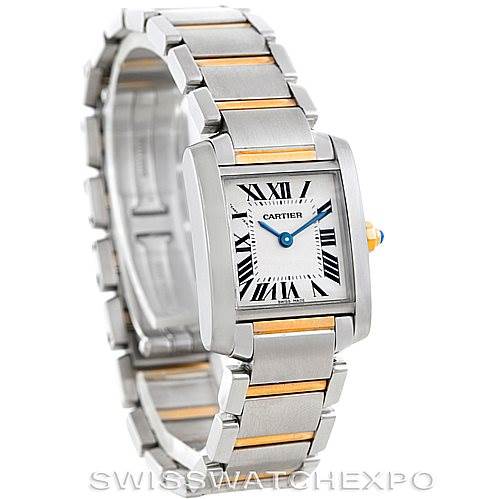 This image shows a Cartier Tank Francaise W51007Q4 Women's Steel and Gold (two tone) Silver Dial W51007Q4 Women's Steel and Gold (two tone) Silver Dial watch at a three-quarter angle, highlighting its rectangular case and metal bracelet.